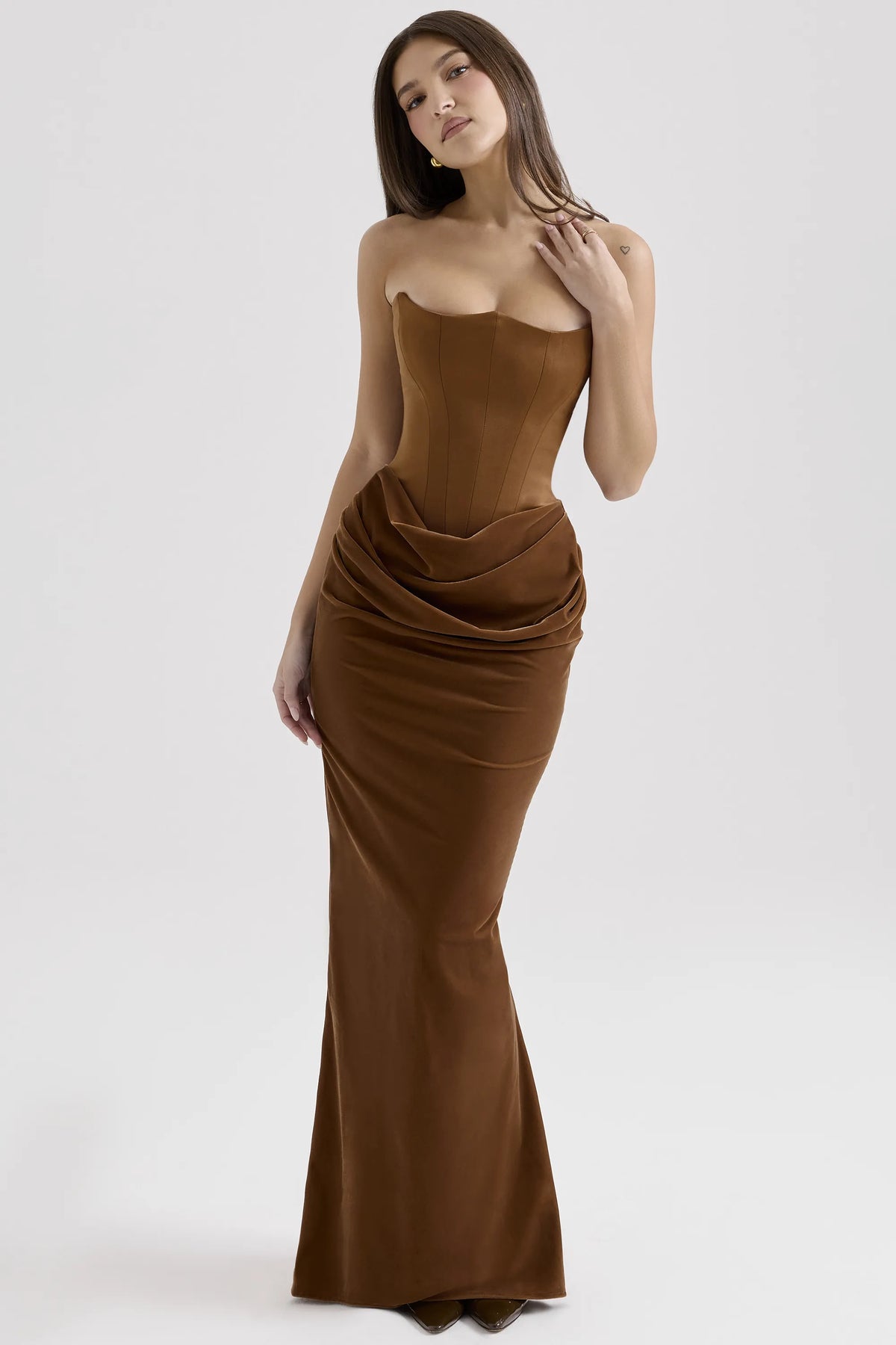 Persephone Coffee Velvet Strapless Corset Maxi Dress