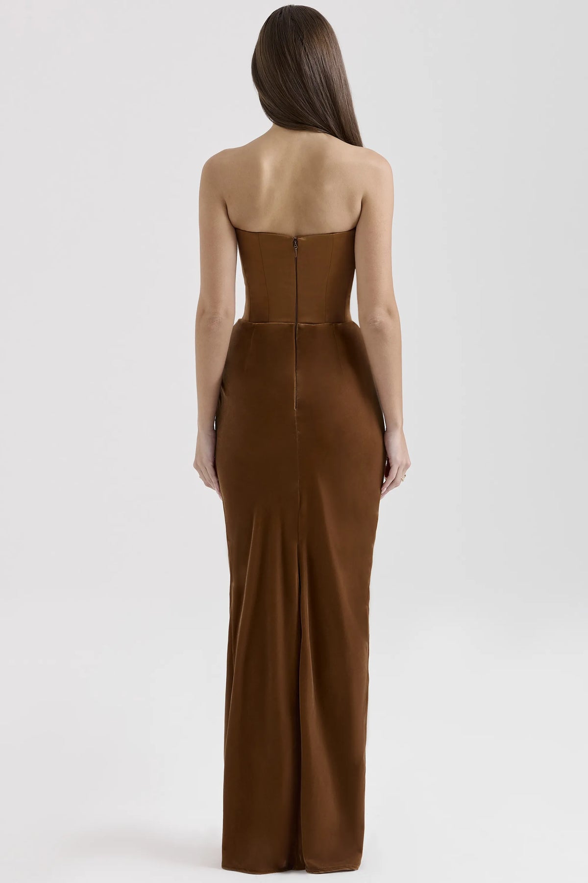 Persephone Coffee Velvet Strapless Corset Maxi Dress