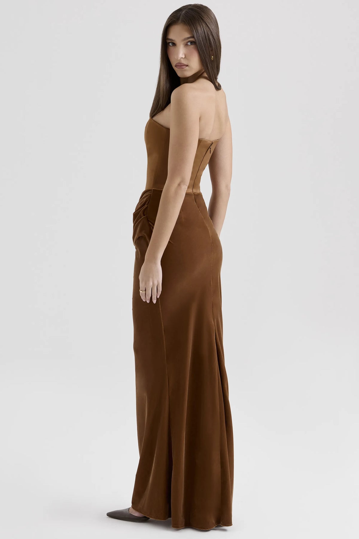Persephone Coffee Velvet Strapless Corset Maxi Dress