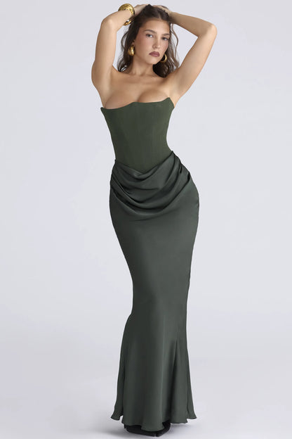 Persephone Emerald Green Crepe Strapless Corset Maxi Dress