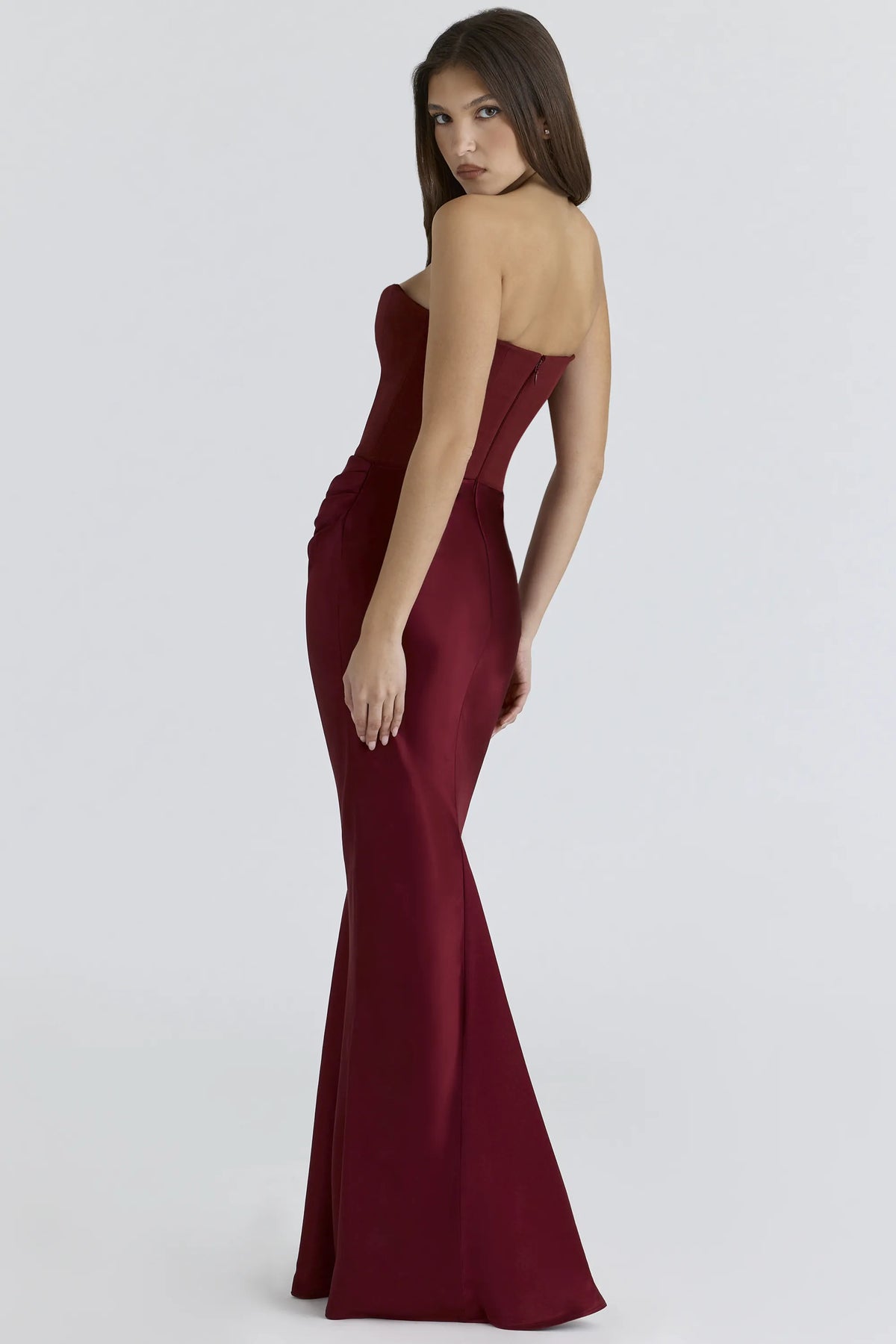 Persephone Wine Strapless Corset Maxi Dress