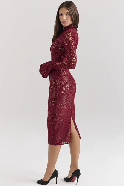 Pierette Berry Lace Midi Dress