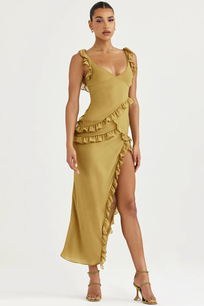 Pixie Olive Ruffle Maxi Dress