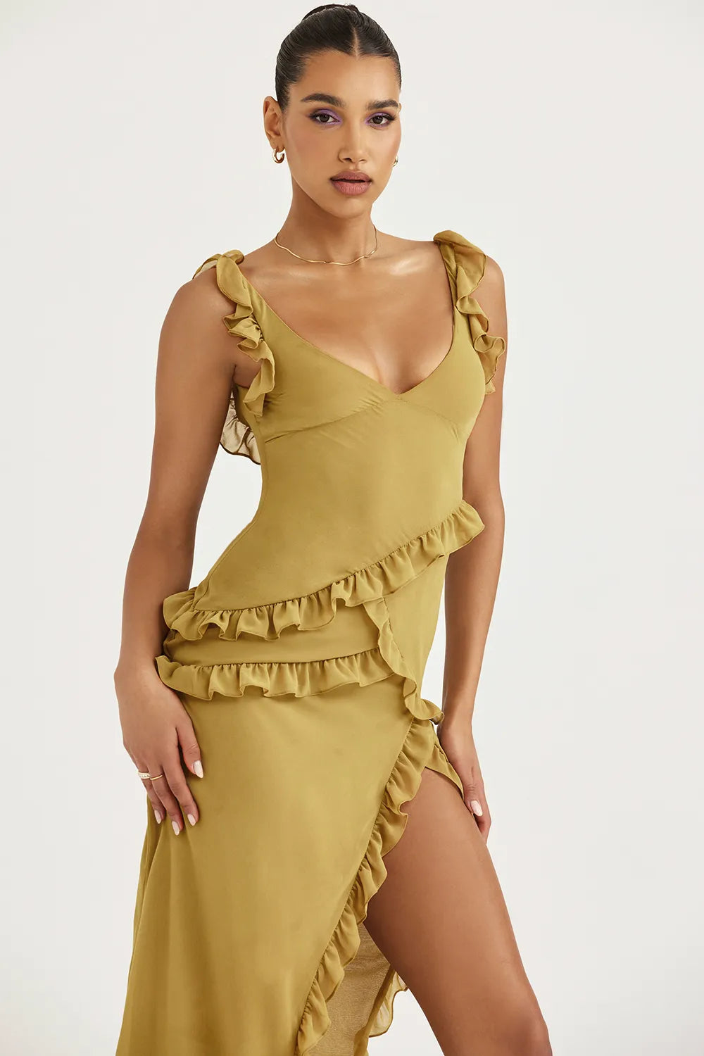 Pixie Olive Ruffle Maxi Dress