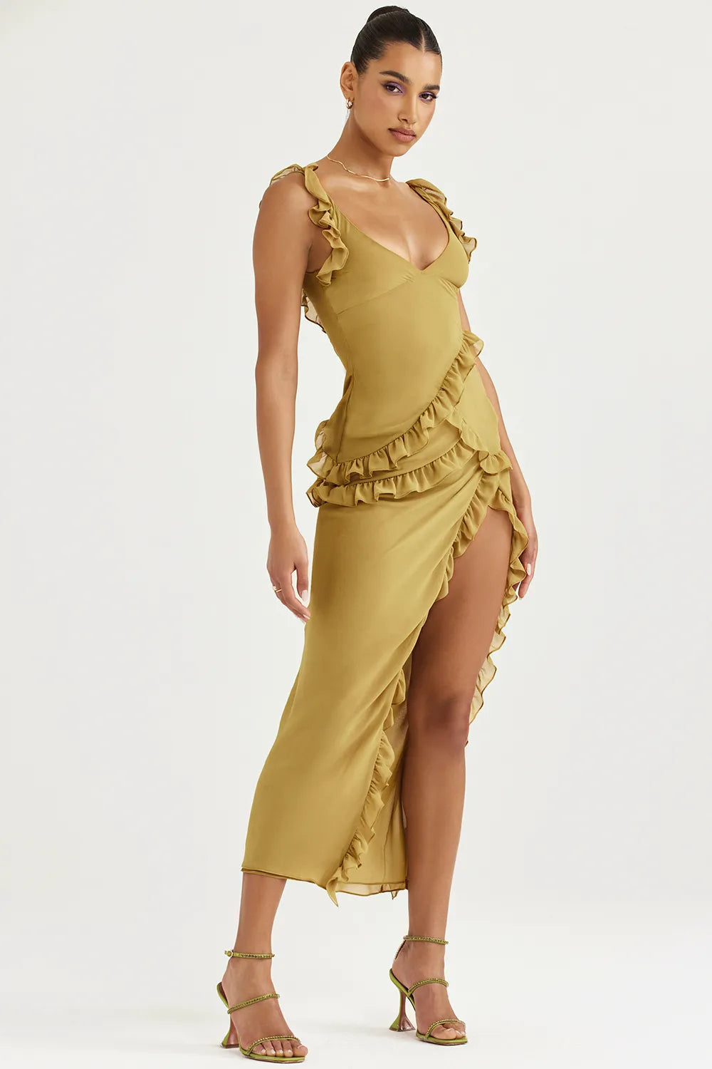 Pixie Olive Ruffle Maxi Dress