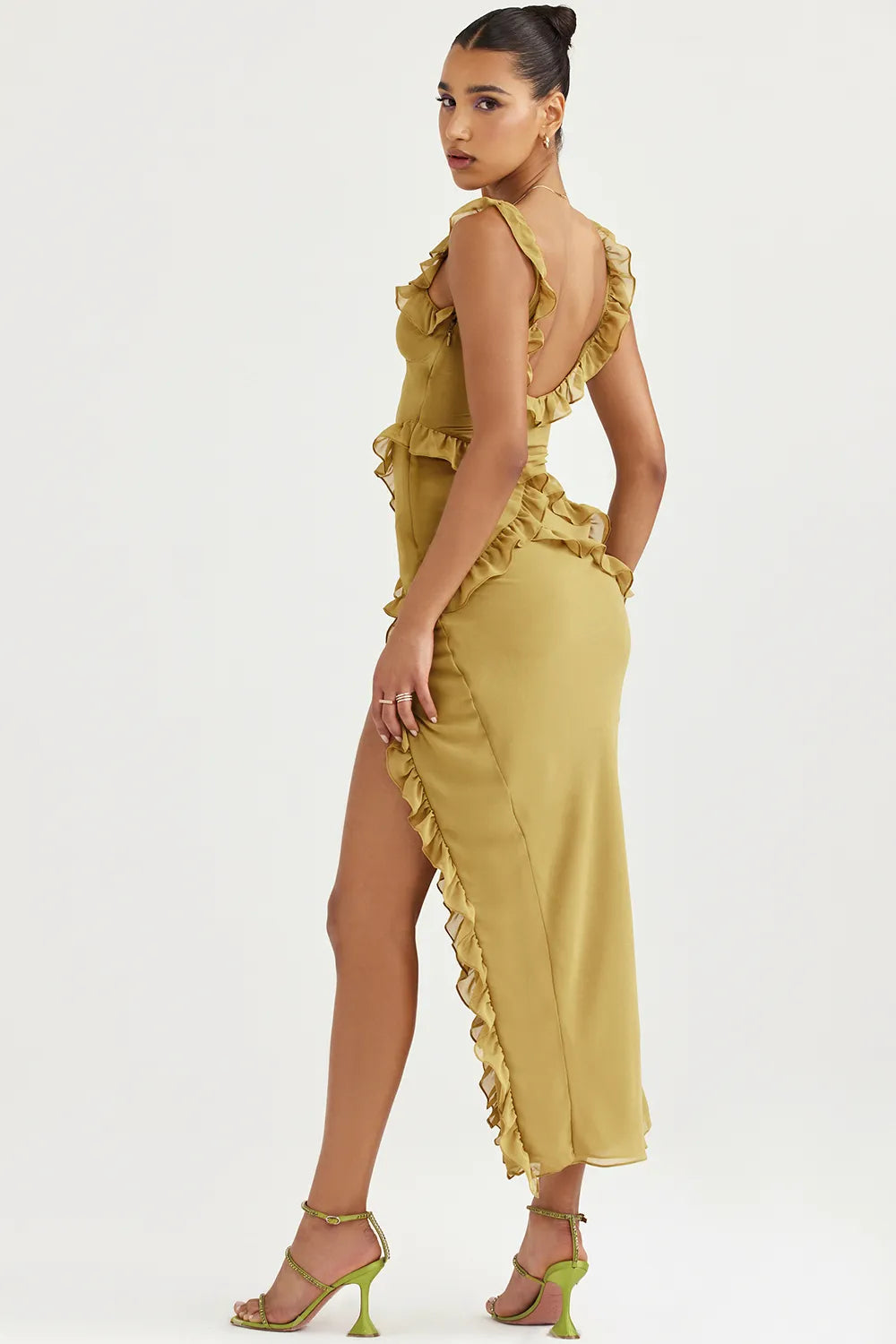 Pixie Olive Ruffle Maxi Dress