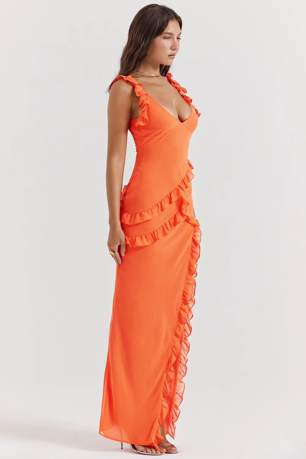 Pixie Flame Orange Ruffle Maxi Dress