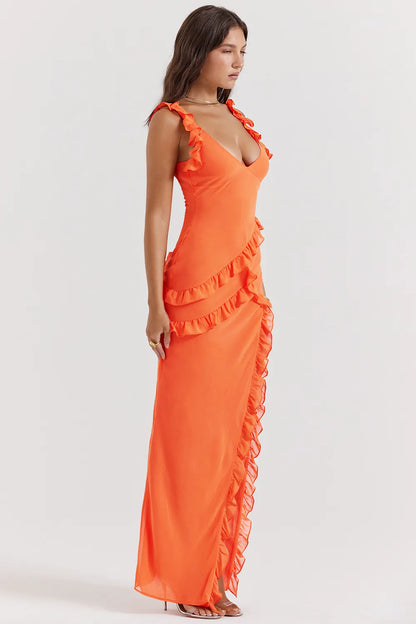 Pixie Flame Orange Ruffle Maxi Dress