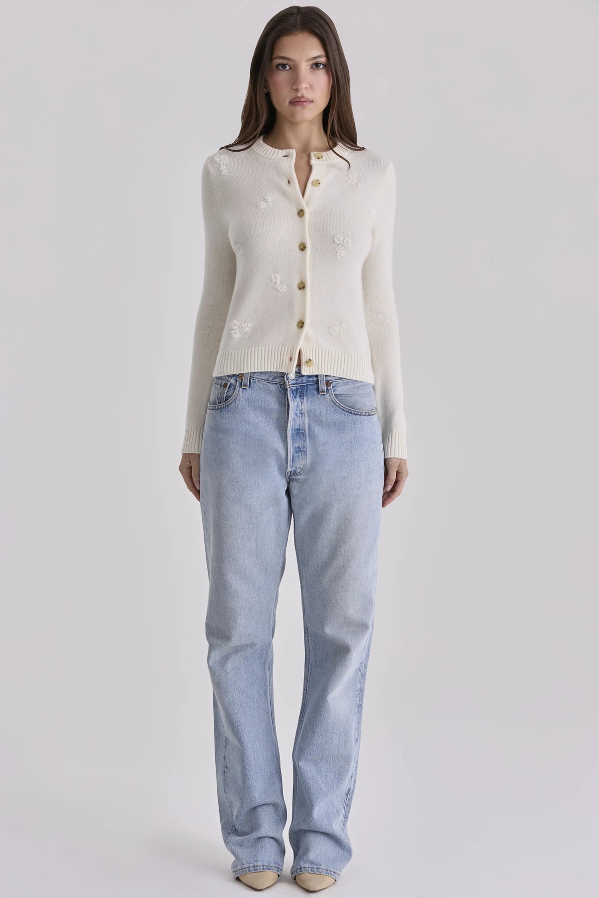 Poppie Ivory Wool + Cashmere Floral Embroidered Cardigan