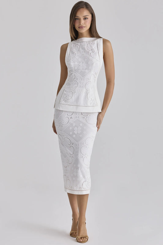 Cecilia White Cotton Placement Lace Broderie Anglaise Midi Skirt