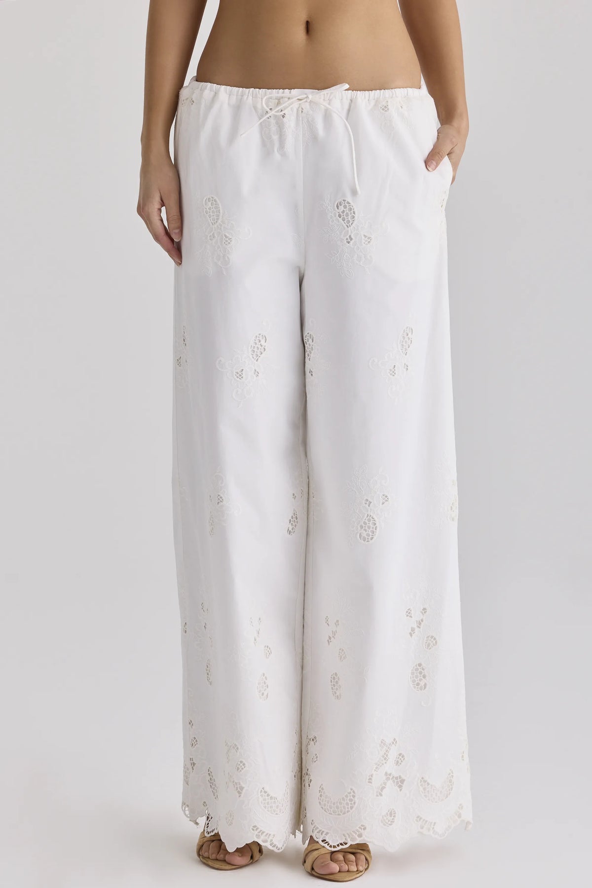 Mirea White Cotton Broderie Anglaise Wide Leg Trousers