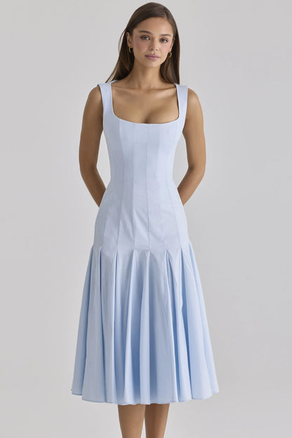 Soretta Blue Pleated Lace Up Cotton Midi Dress