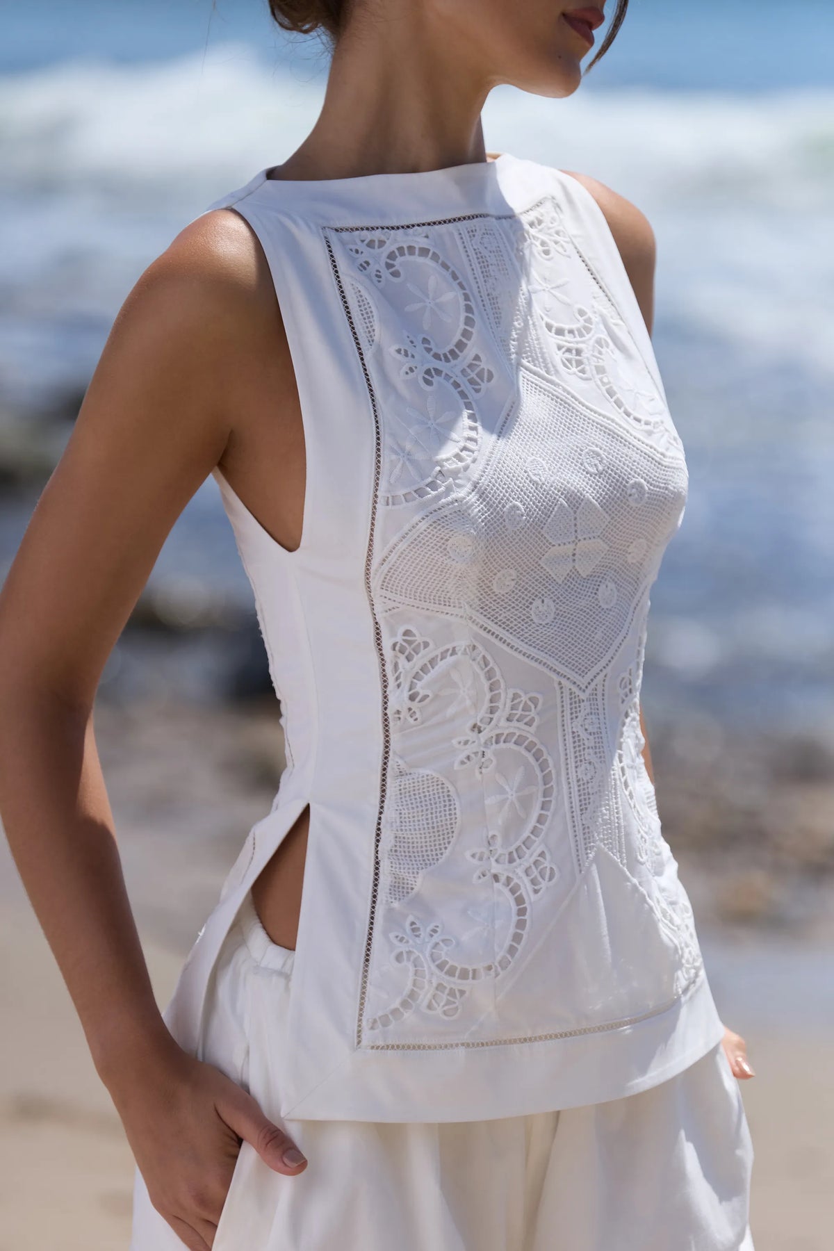Valencia White Cotton Placement Lace Broderie Anglais Boat Neck Top