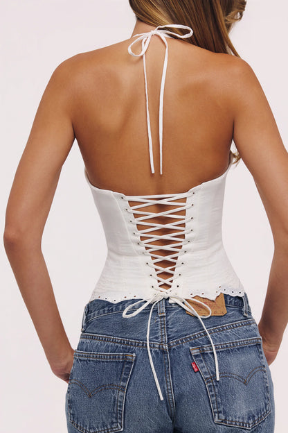 Zizi White Halter Neck Broderie Anglaise Corset Top