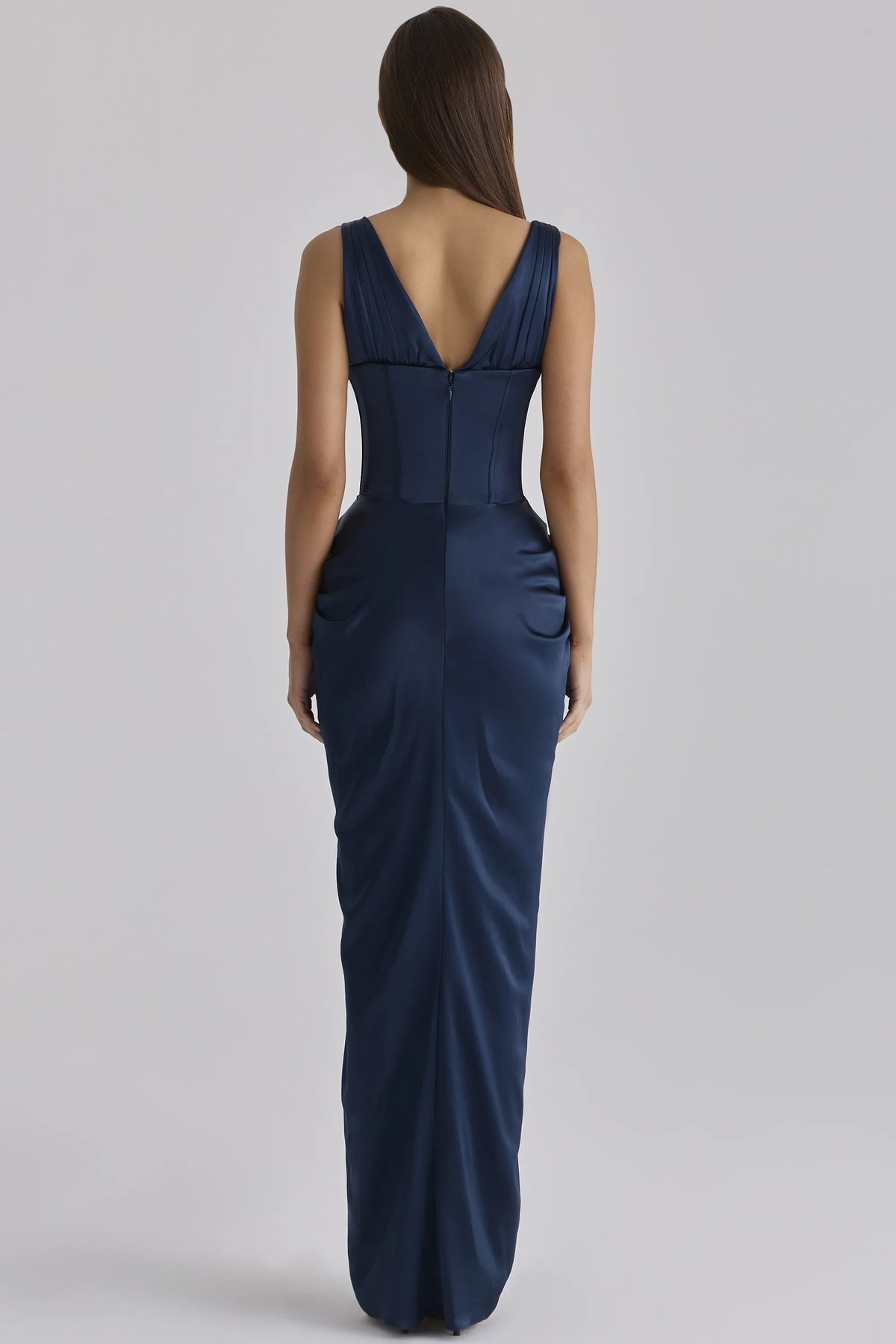 Angeline Navy Satin Corset Maxi Dress
