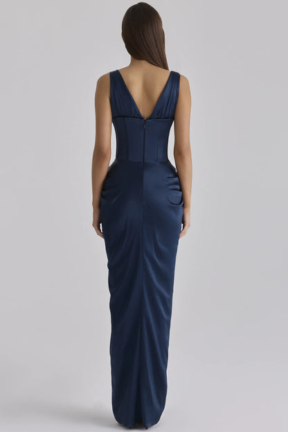Angeline Navy Satin Corset Maxi Dress