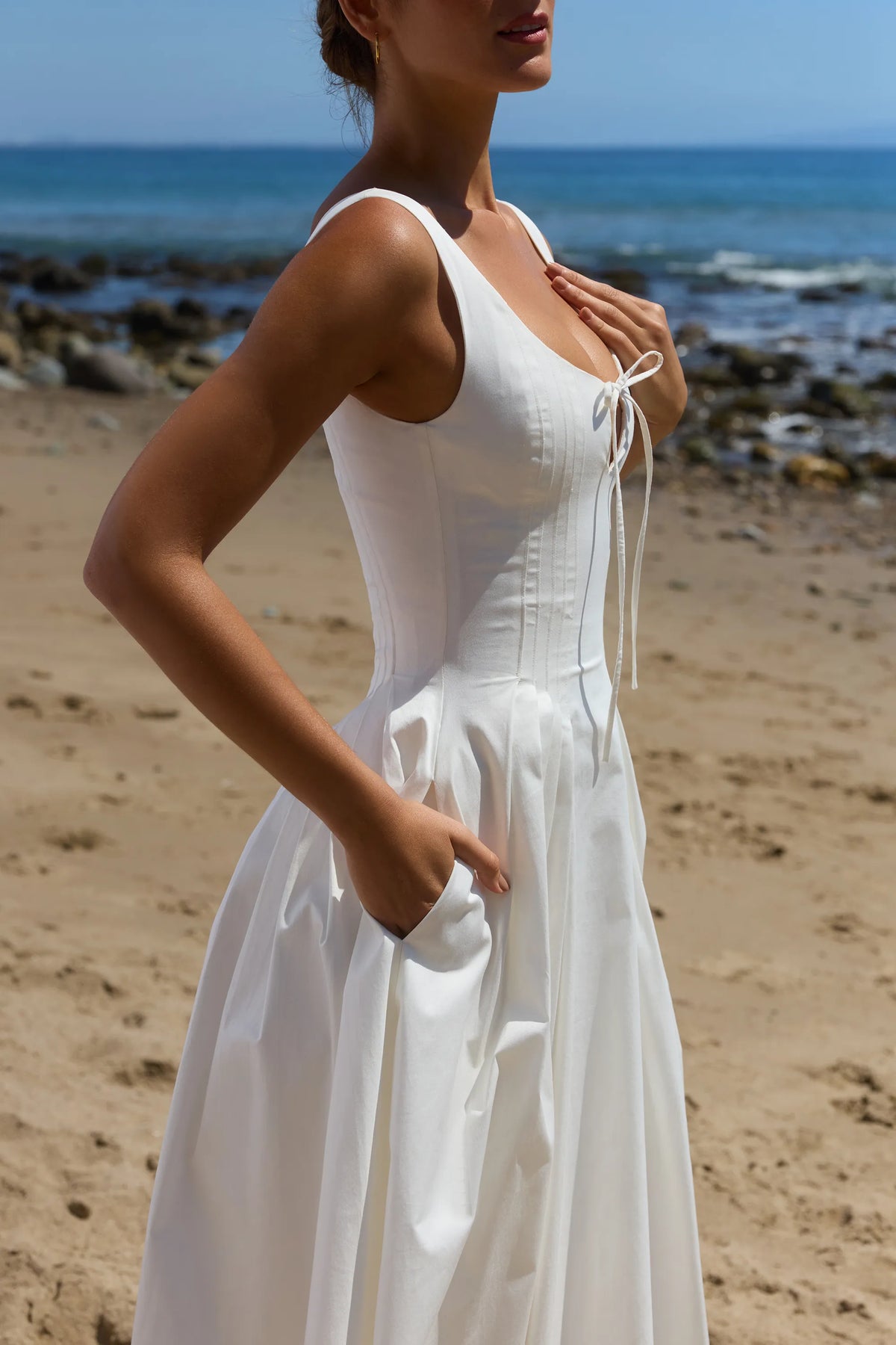 Alira White Pleated Cotton Peekaboo Midi Dress