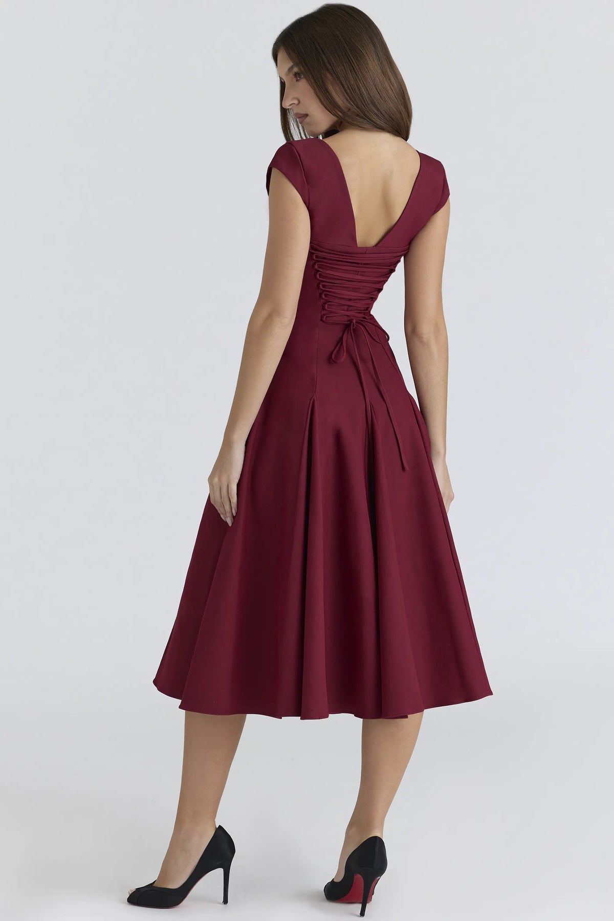 Raisa Wine Lace Back Twill Midi Dress