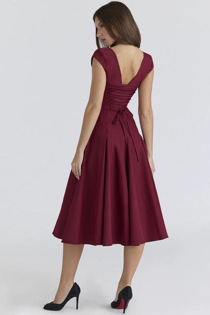 Raisa Wine Lace Back Twill Midi Dress