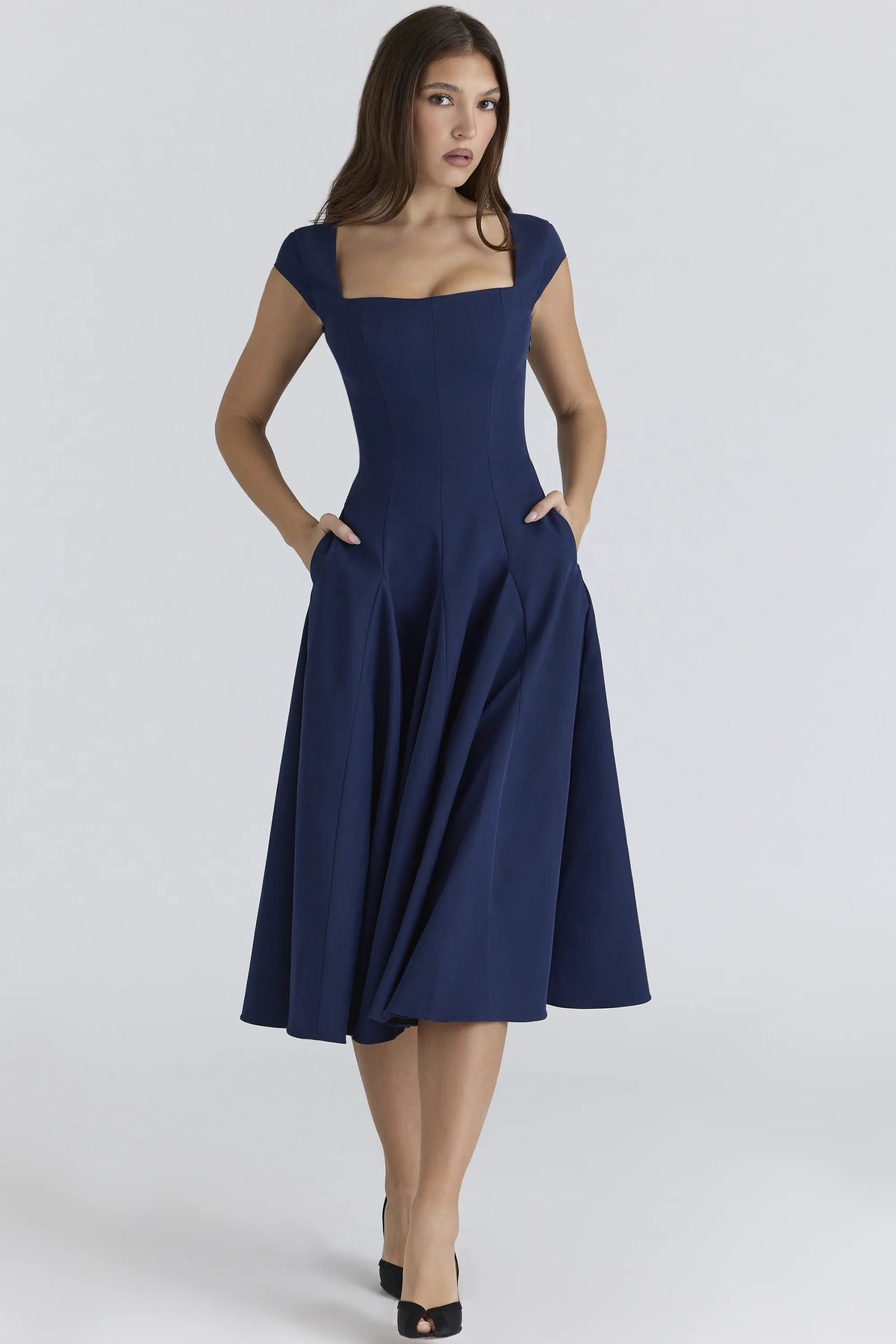 Raisa Navy Lace Back Twill Midi Dress