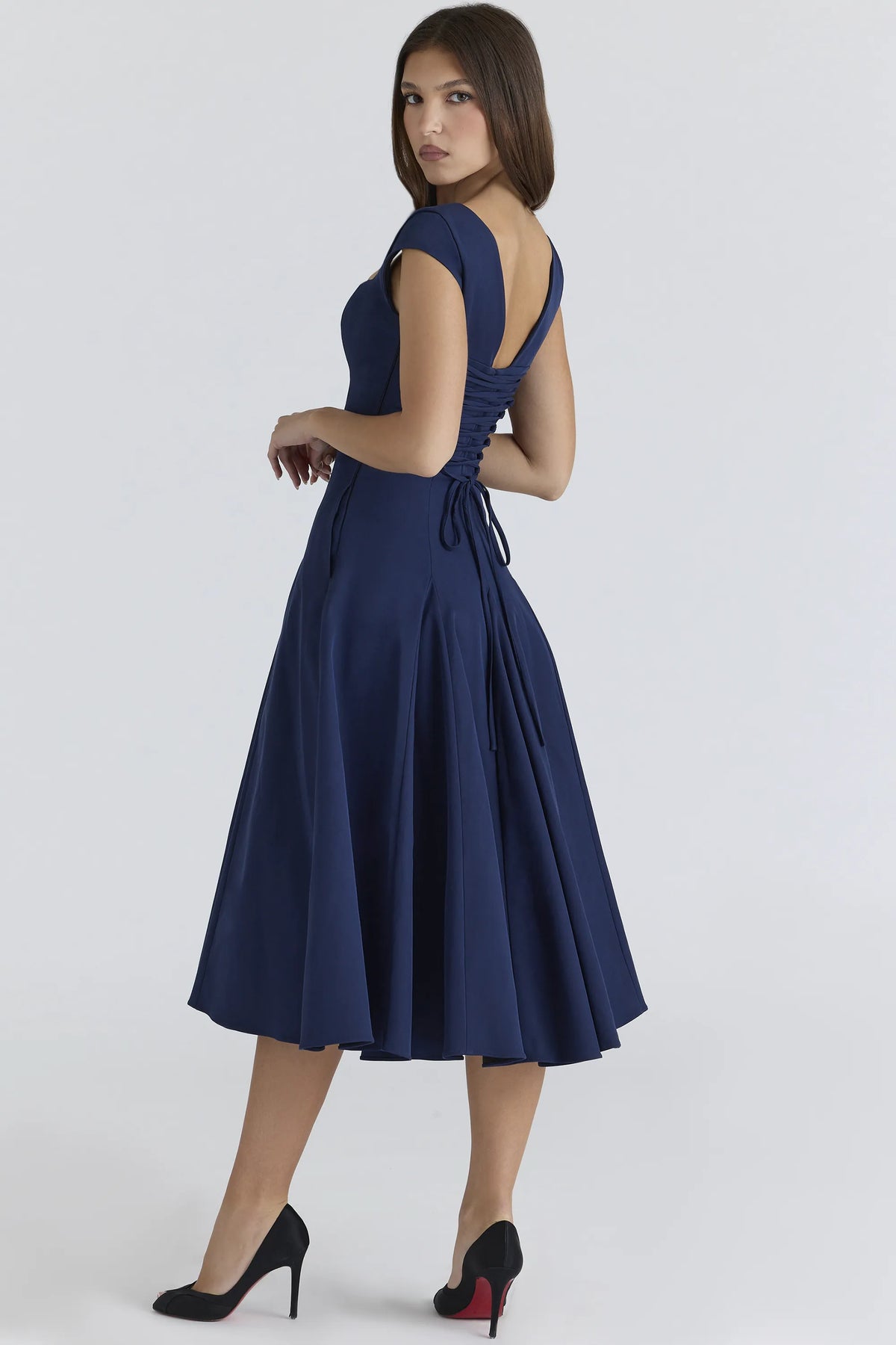 Raisa Navy Lace Back Twill Midi Dress