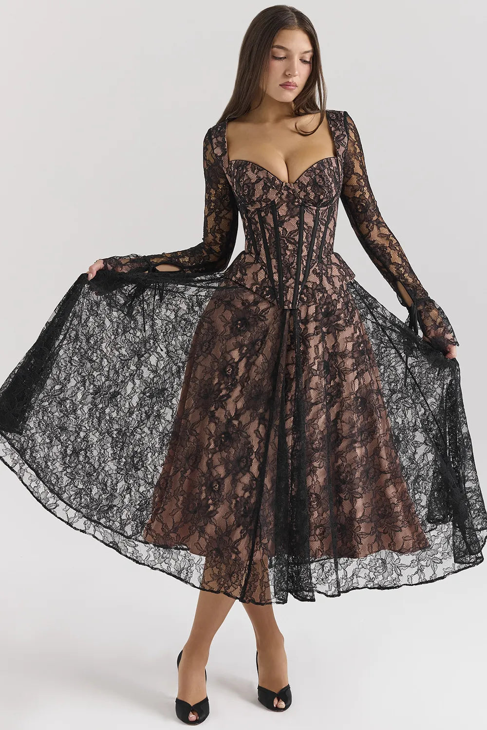 Raquel Black Lace Corset Midi Dress