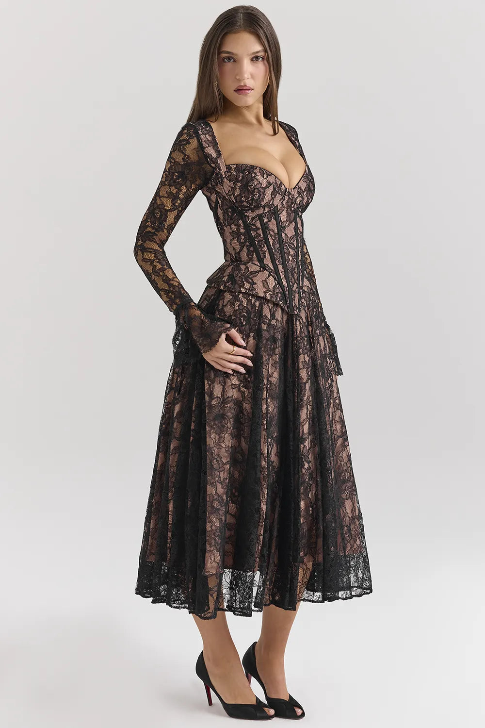 Raquel Black Lace Corset Midi Dress