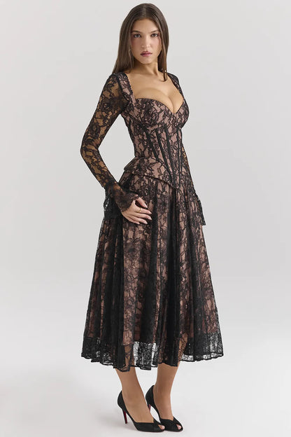 Raquel Black Lace Corset Midi Dress