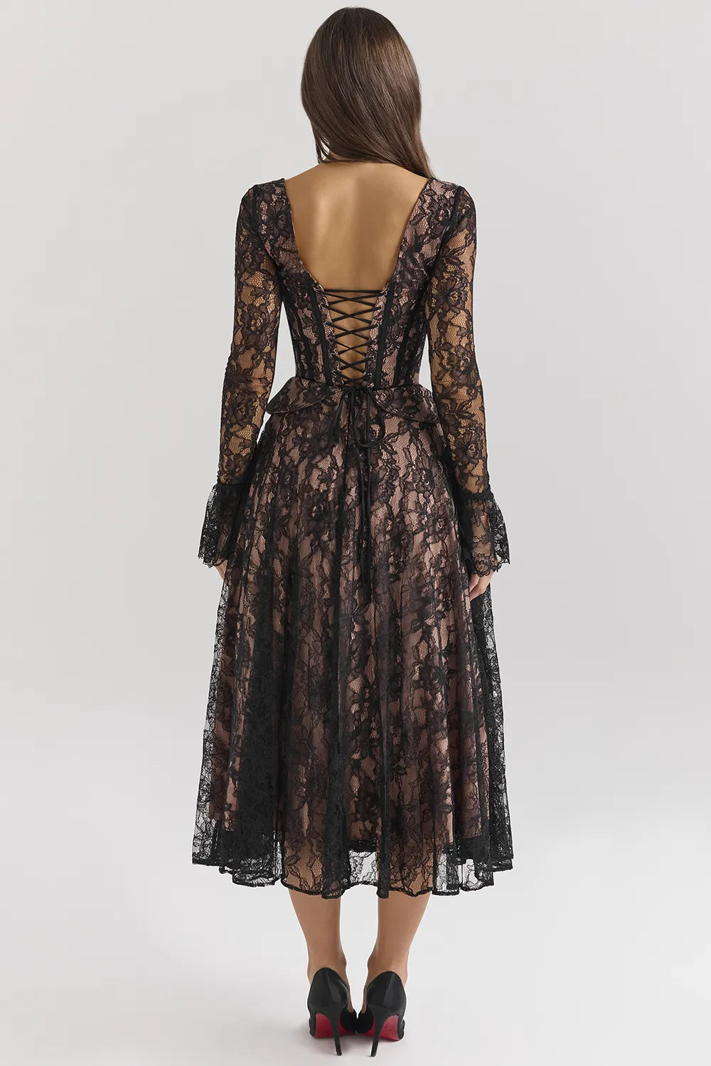 Raquel Black Lace Corset Midi Dress