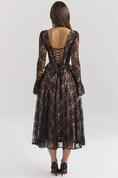 Raquel Black Lace Corset Midi Dress