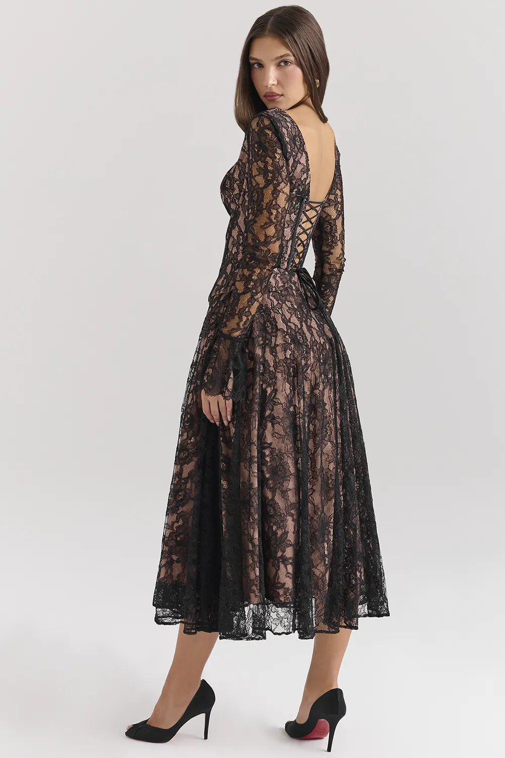 Raquel Black Lace Corset Midi Dress