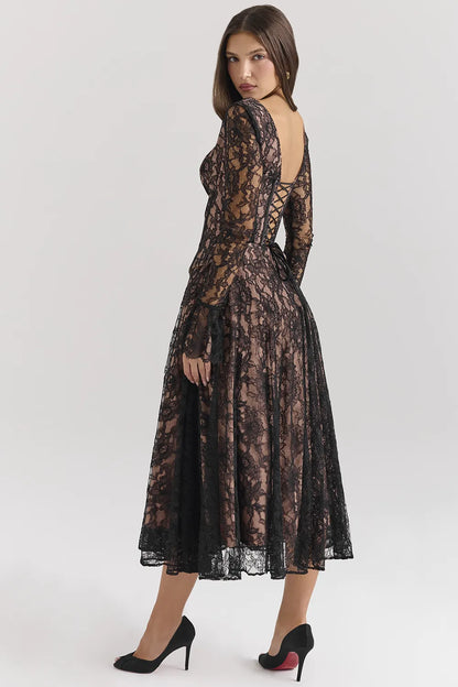Raquel Black Lace Corset Midi Dress