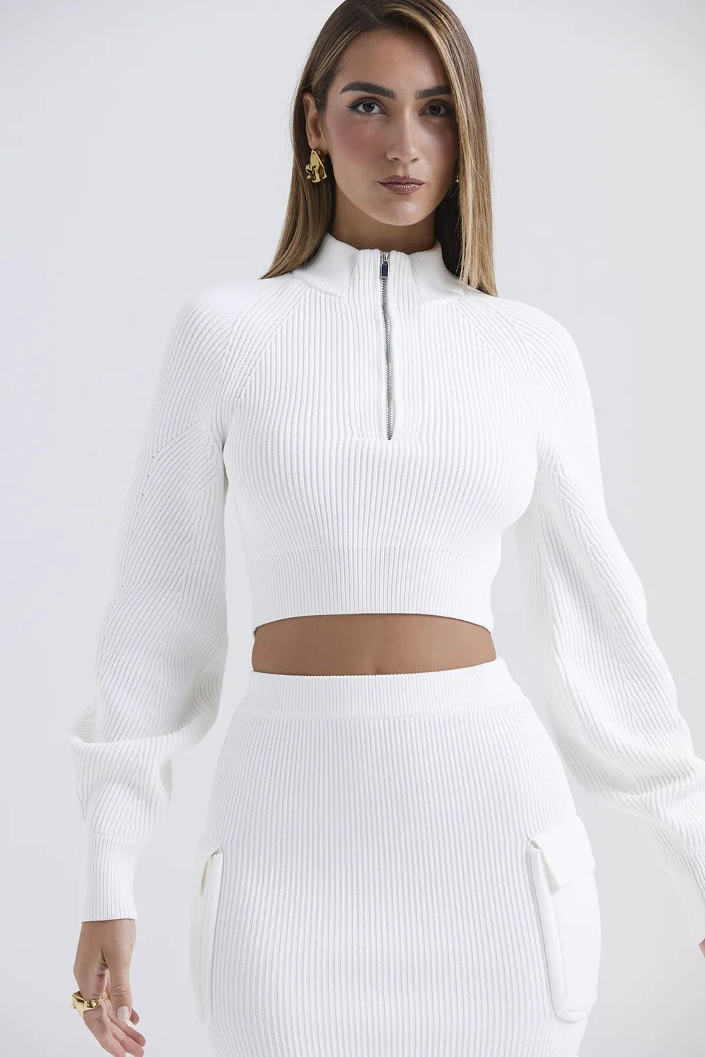 Reeva White Balloon Sleeve Ribbed Sweater