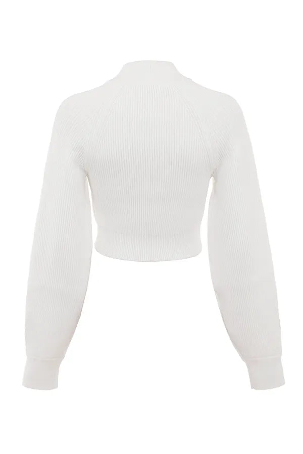 Reeva White Balloon Sleeve Ribbed Sweater