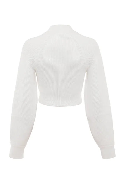 Reeva White Balloon Sleeve Ribbed Sweater