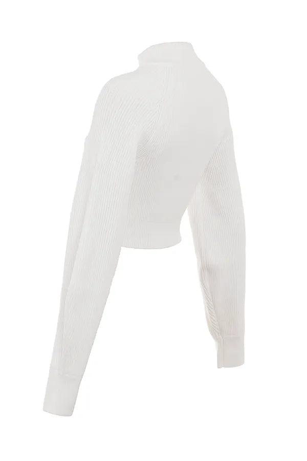 Reeva White Balloon Sleeve Ribbed Sweater