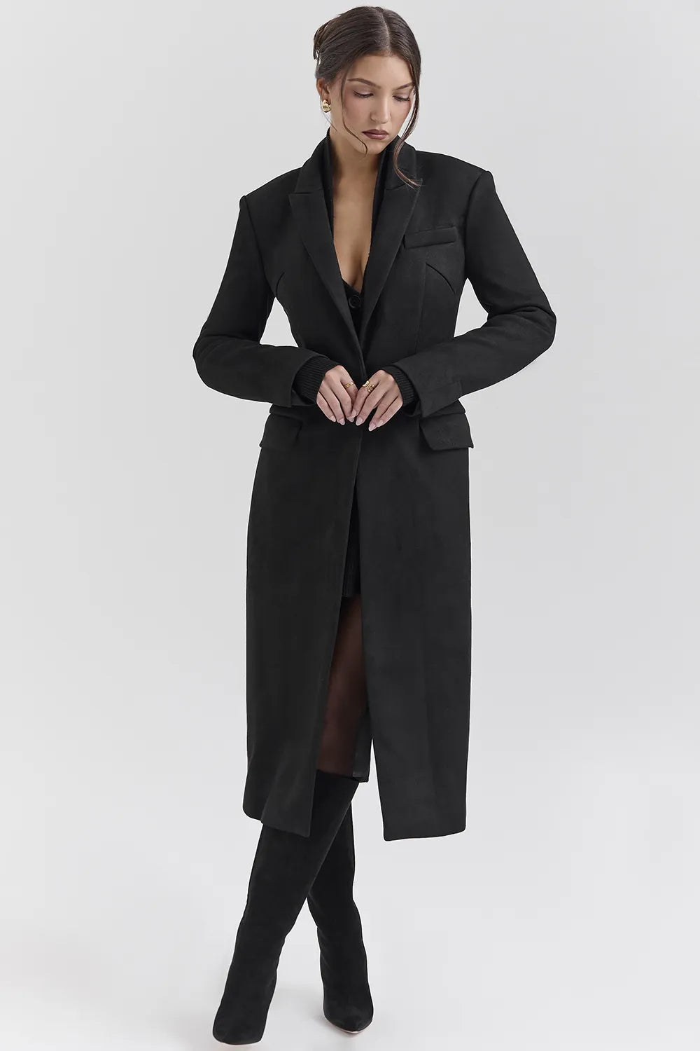 Remi Black Single Breasted Long Coat