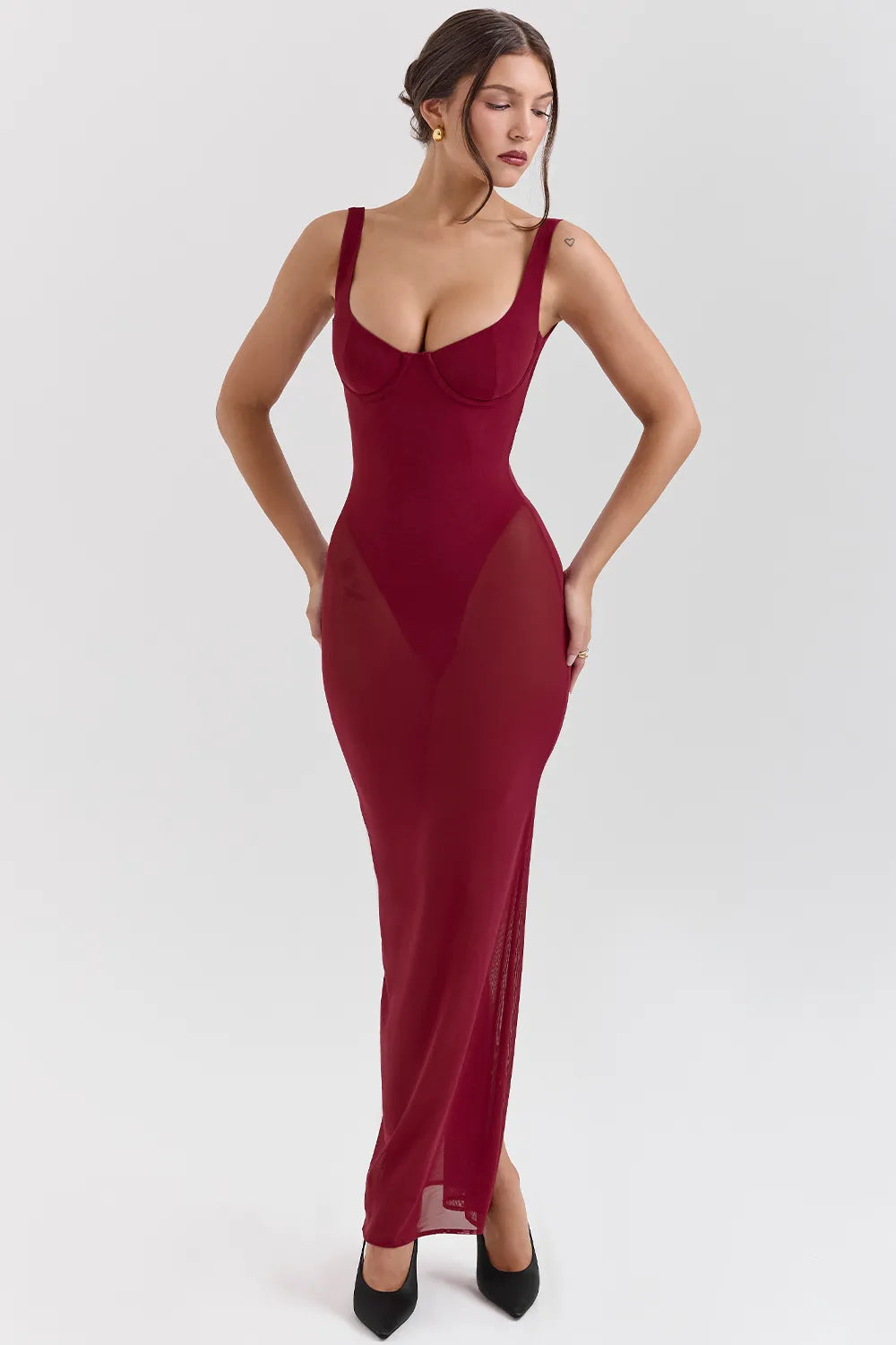Robina Wine Stretch Mesh Maxi Dress