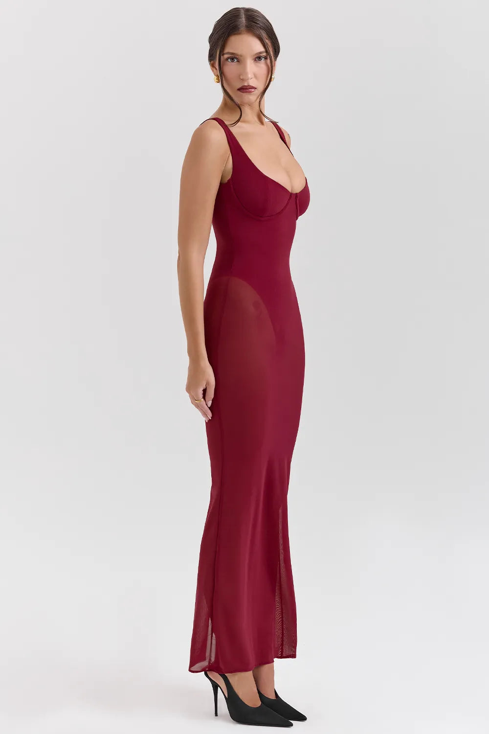 Robina Wine Stretch Mesh Maxi Dress