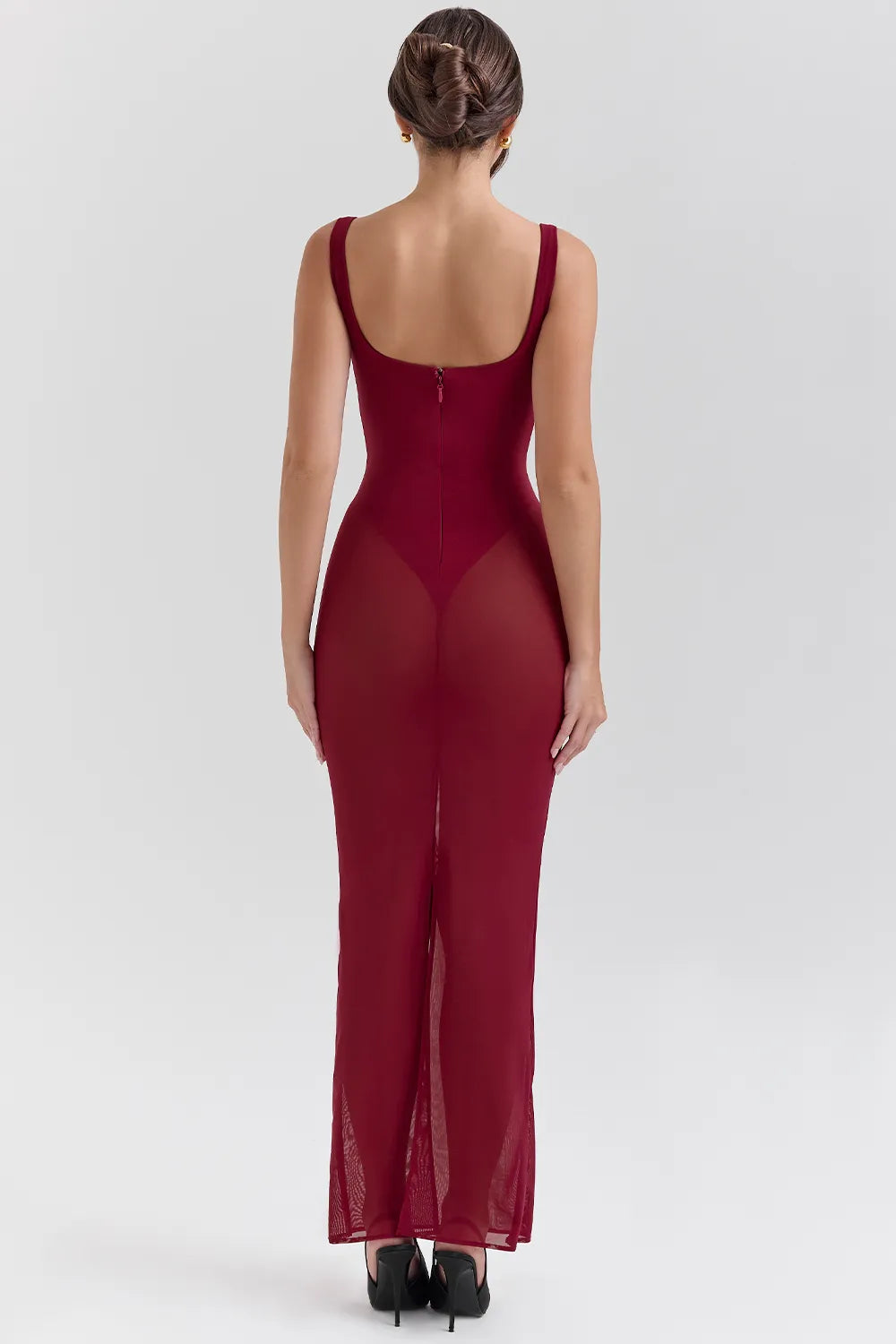 Robina Wine Stretch Mesh Maxi Dress