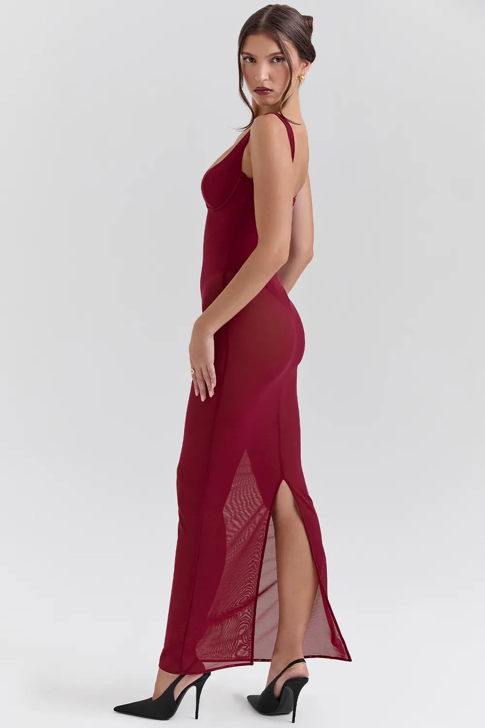 Robina Wine Stretch Mesh Maxi Dress