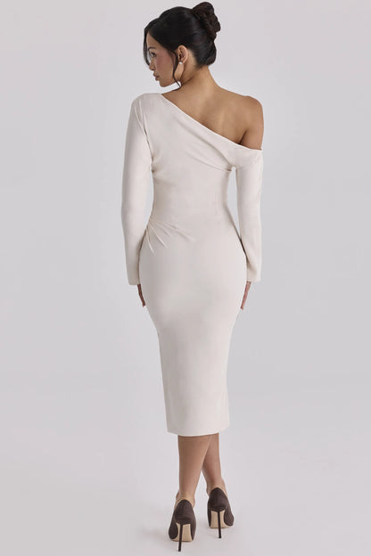 Arista Vintage Ivory Draped Crepe One Shoulder Midi Dress