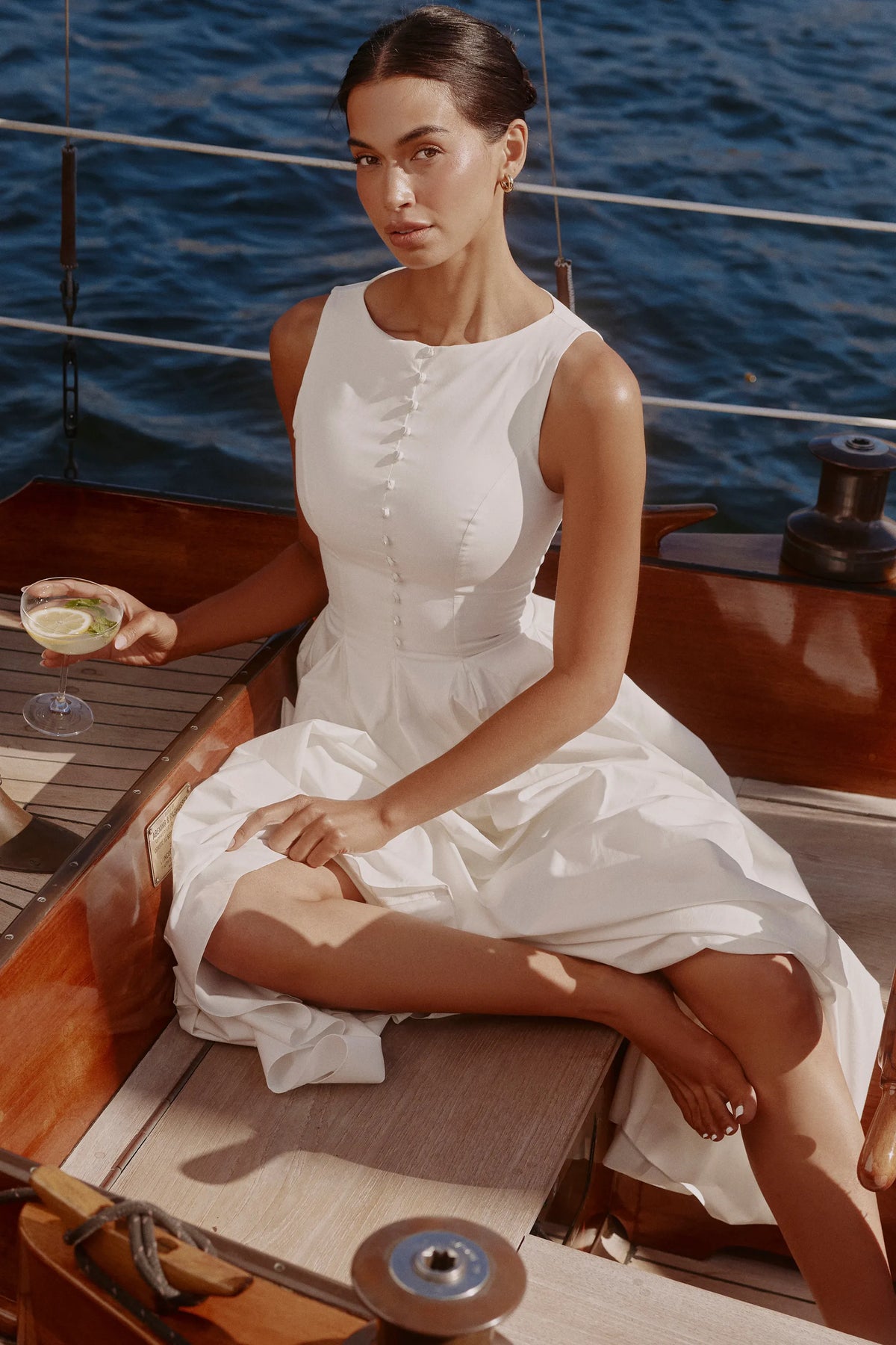 Azalina White Boat Neck Button Front Cotton Maxi Dress