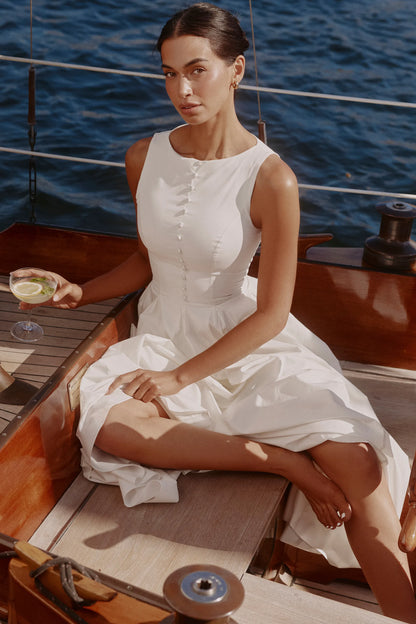 Azalina White Boat Neck Button Front Cotton Maxi Dress