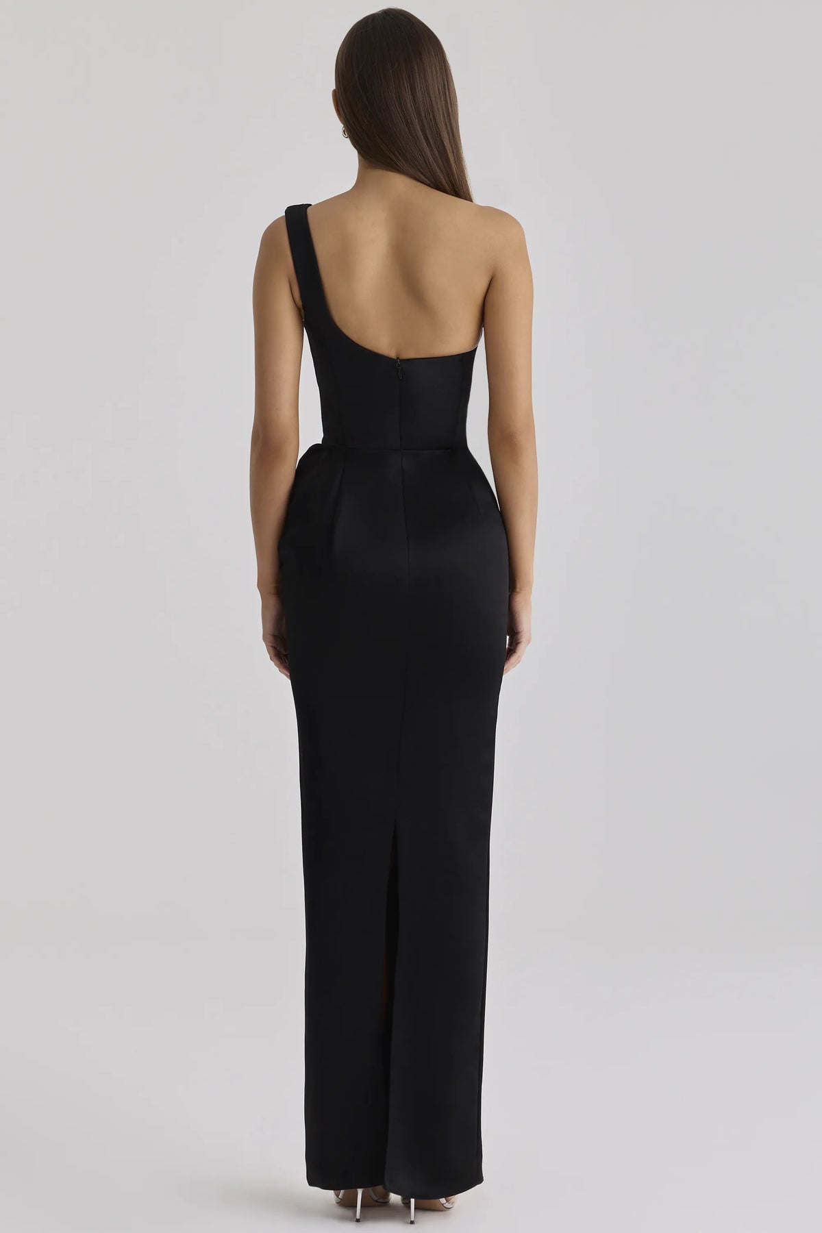 Caprice Black Satin One Shoulder Maxi Dress