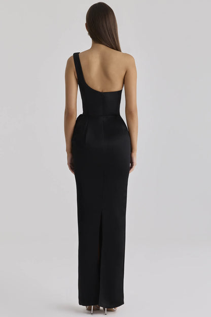Caprice Black Satin One Shoulder Maxi Dress