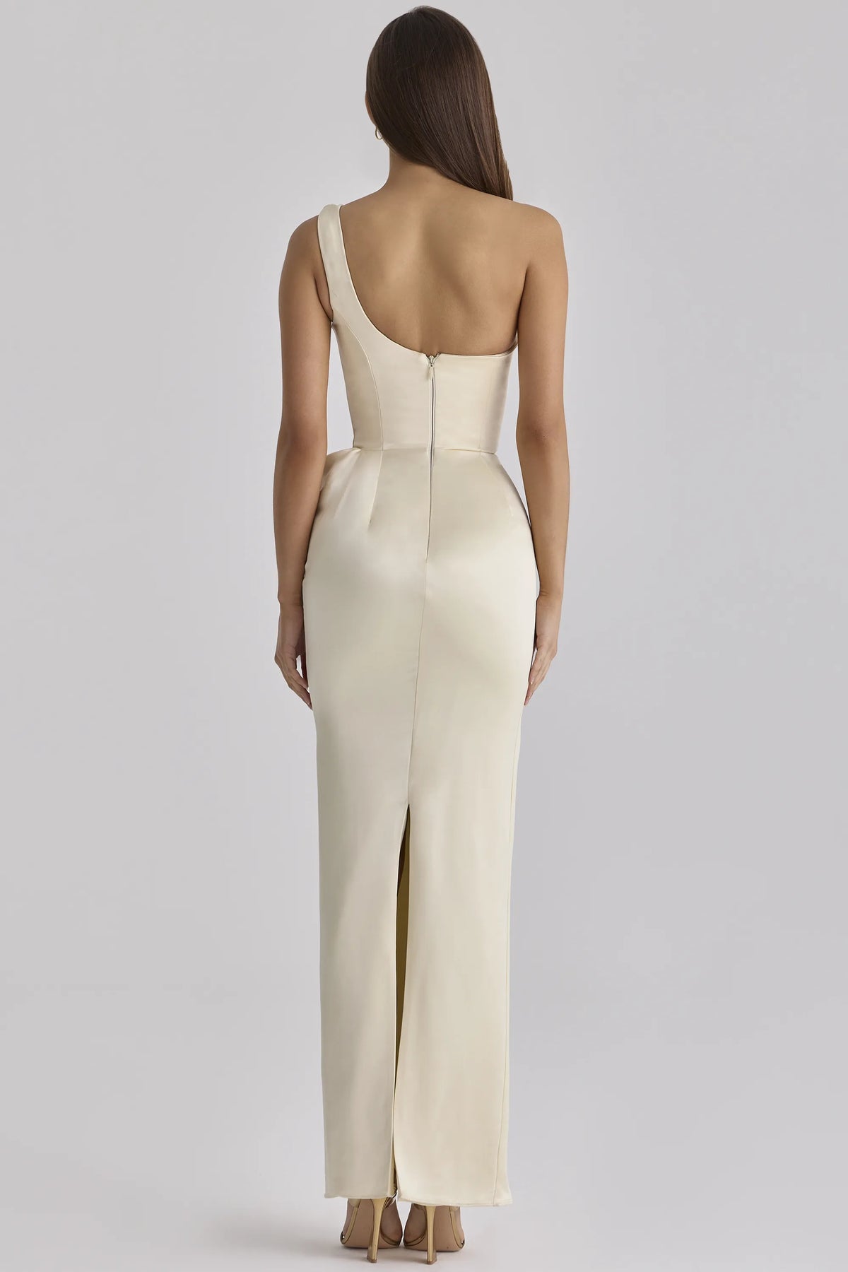 Caprice Lemon One Shoulder Satin Maxi Dress