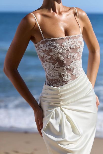 Eliette White Embellished Lace and Satin Maxi Dress