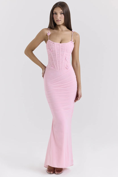 Romola Pink Stretch Mesh Butterfly Maxi Dress