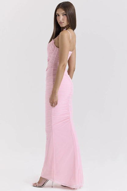 Romola Pink Stretch Mesh Butterfly Maxi Dress